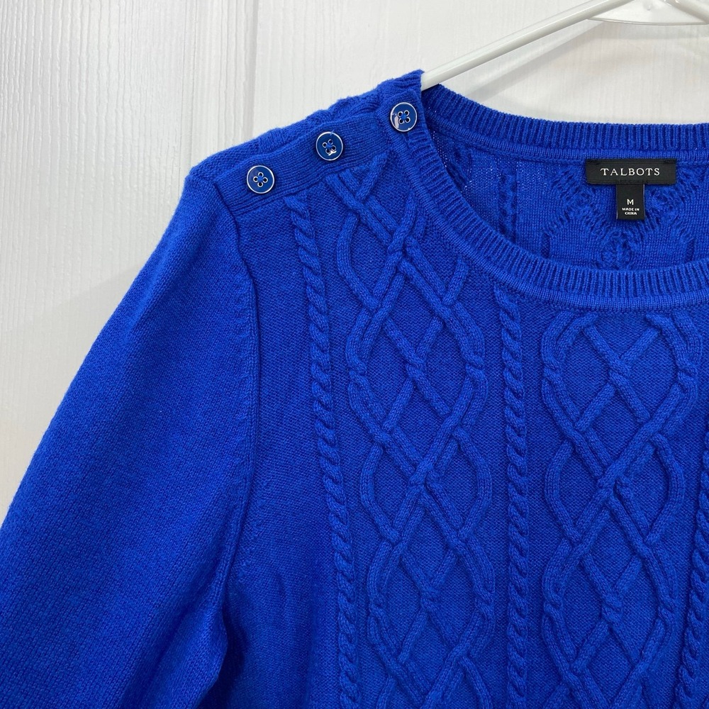 Talbots electric‎ blue cable knit button lambswool soft knit crewneck sweater M - Picture 3 of 8
